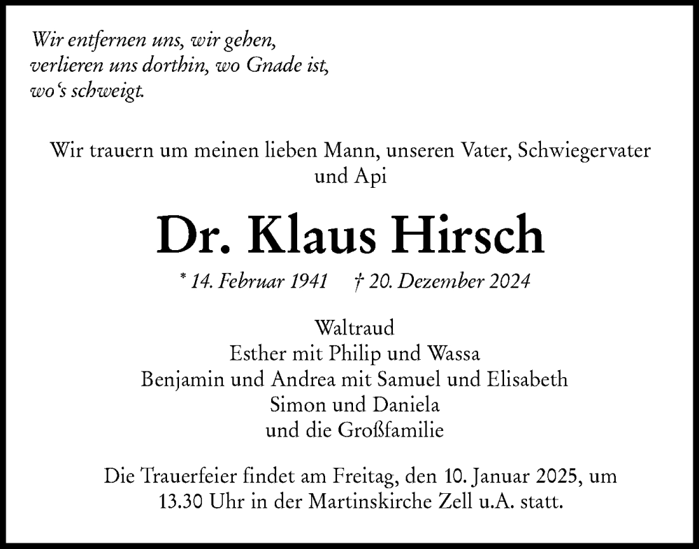  Traueranzeige für Klaus Hirsch vom 28.12.2024 aus NWZ Neue Württembergische Zeitung