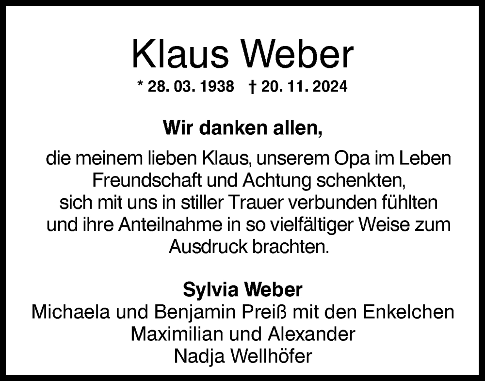  Traueranzeige für Klaus Weber vom 14.12.2024 aus NWZ Neue Württembergische Zeitung