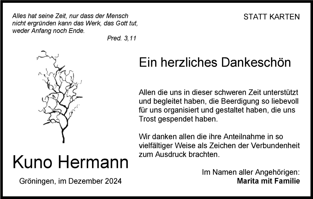  Traueranzeige für Kuno Hermann vom 19.12.2024 aus Hohenloher Tagblatt