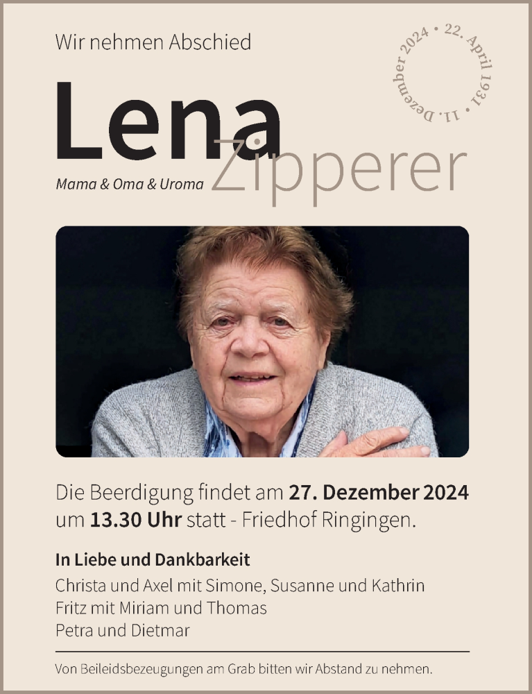  Traueranzeige für Lena Zipperer vom 23.12.2024 aus SÜDWEST PRESSE Zollernalbkreis/Hohenzollerische Zeitung