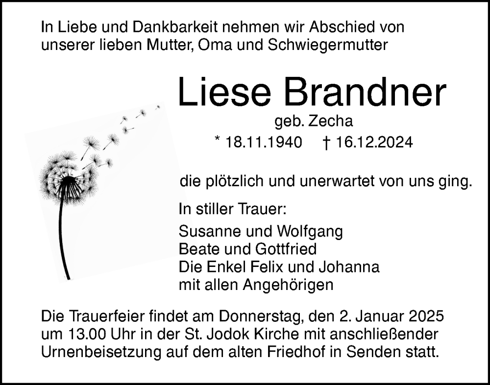  Traueranzeige für Liese Brandner vom 28.12.2024 aus SÜDWEST PRESSE Ausgabe Ulm/Neu-Ulm