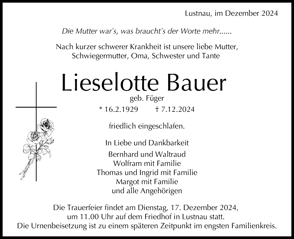  Traueranzeige für Lieselotte Bauer vom 14.12.2024 aus Schwäbische Tagblatt