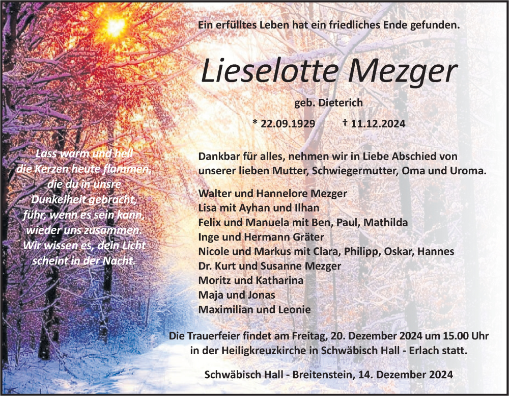  Traueranzeige für Lieselotte Mezger vom 14.12.2024 aus Haller Tagblatt
