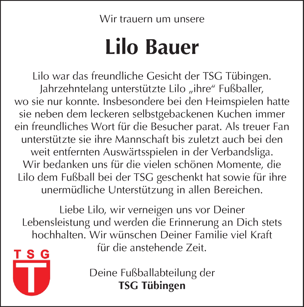  Traueranzeige für Lilo Bauer vom 14.12.2024 aus Schwäbische Tagblatt
