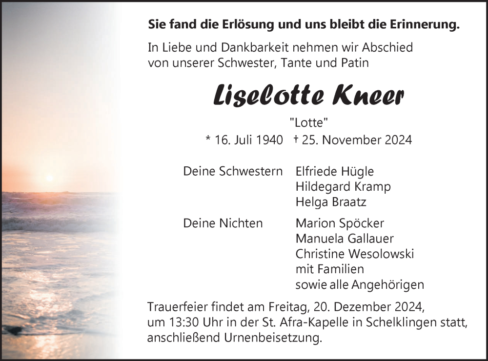  Traueranzeige für Liselotte Kneer vom 16.12.2024 aus SÜDWEST PRESSE Ausgabe Ulm/Neu-Ulm