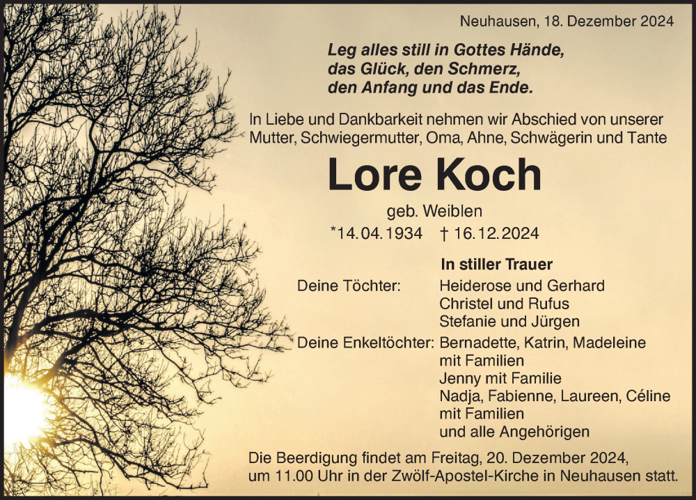  Traueranzeige für Lore Koch vom 18.12.2024 aus Alb-Bote/Metzinger-Uracher Volksblatt