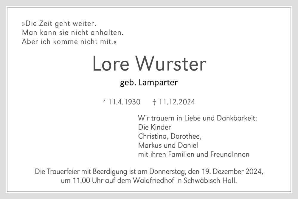  Traueranzeige für Lore Wurster vom 17.12.2024 aus Haller Tagblatt