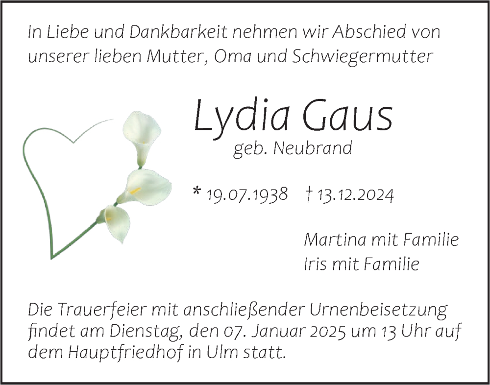  Traueranzeige für Lydia Gaus vom 21.12.2024 aus SÜDWEST PRESSE Ausgabe Ulm/Neu-Ulm