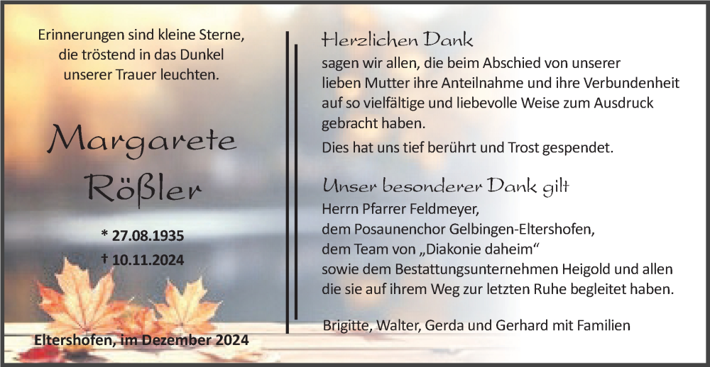 Traueranzeige für Margarete Rößler vom 13.12.2024 aus Haller Tagblatt