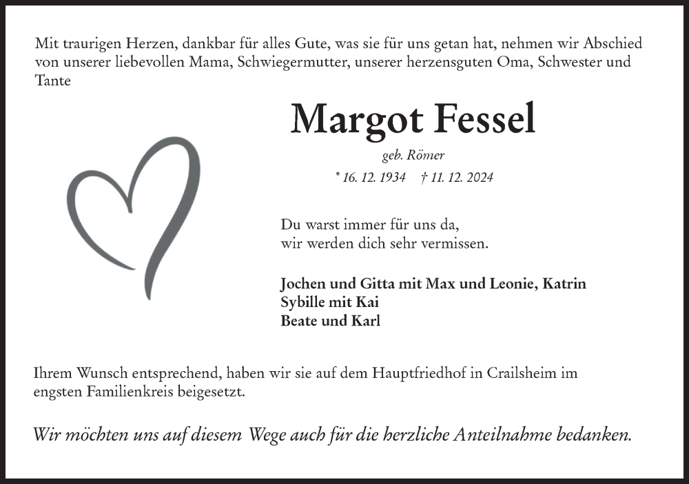  Traueranzeige für Margot Fessel vom 21.12.2024 aus Hohenloher Tagblatt