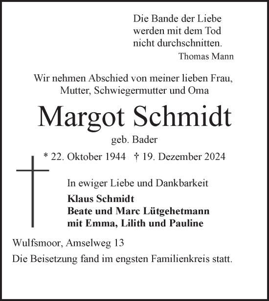 Traueranzeige von Margot Schmidt von Schwäbische Tagblatt