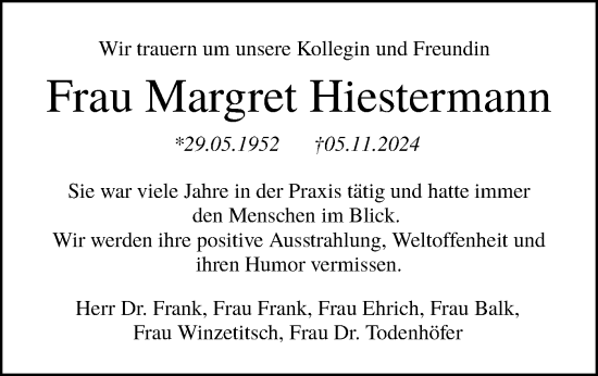 Traueranzeige von Margret Hiestermann von Schwäbische Tagblatt