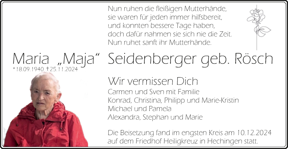  Traueranzeige für Maria Seidenberger vom 14.12.2024 aus SÜDWEST PRESSE Zollernalbkreis/Hohenzollerische Zeitung