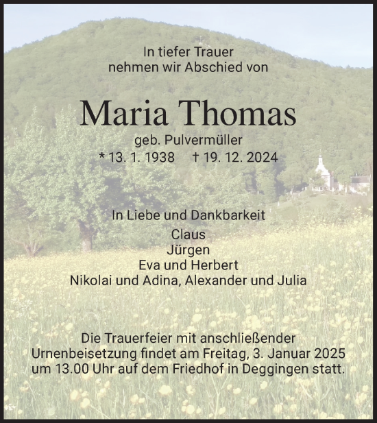 Traueranzeige von Maria Thomas von Geislinger Zeitung