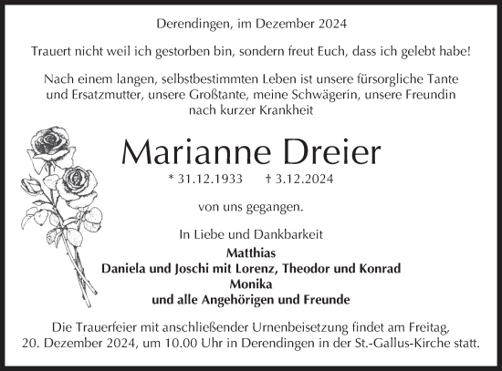 Traueranzeige von Marianne Dreier von Schwäbische Tagblatt