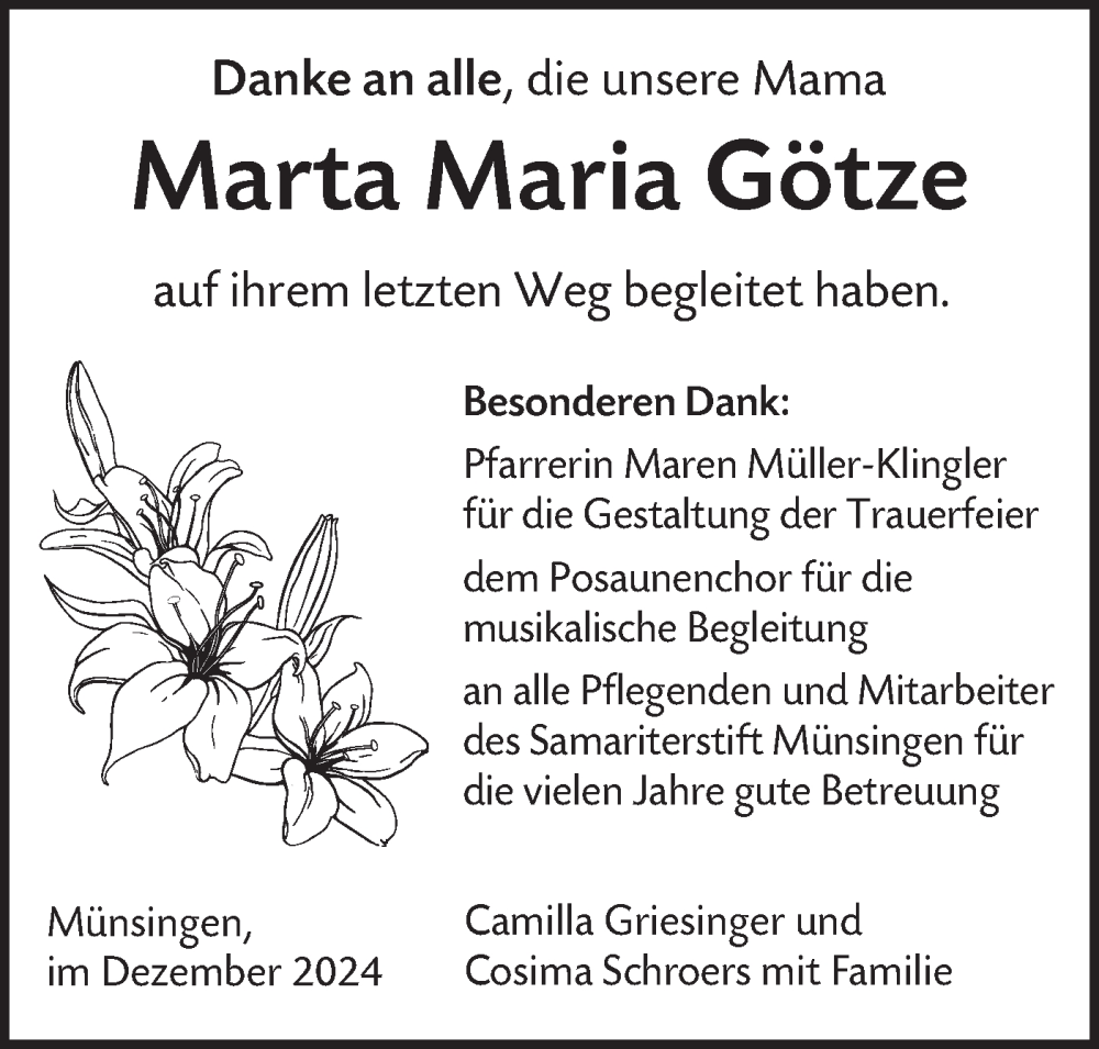  Traueranzeige für Marta Maria Götze vom 21.12.2024 aus Alb-Bote/Metzinger-Uracher Volksblatt