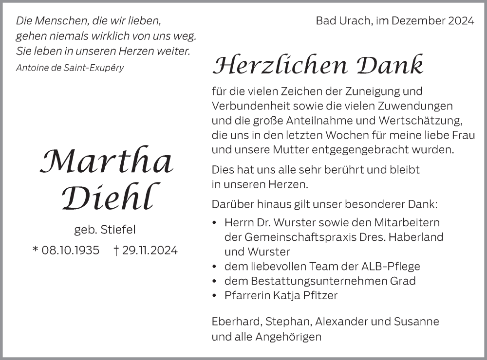  Traueranzeige für Martha Diehl vom 19.12.2024 aus Alb-Bote/Metzinger-Uracher Volksblatt