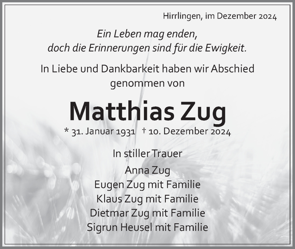  Traueranzeige für Matthias Zug vom 30.12.2024 aus Schwäbische Tagblatt