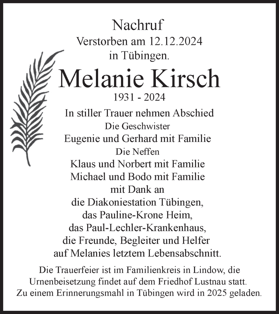  Traueranzeige für Melanie Kirsch vom 21.12.2024 aus Schwäbische Tagblatt