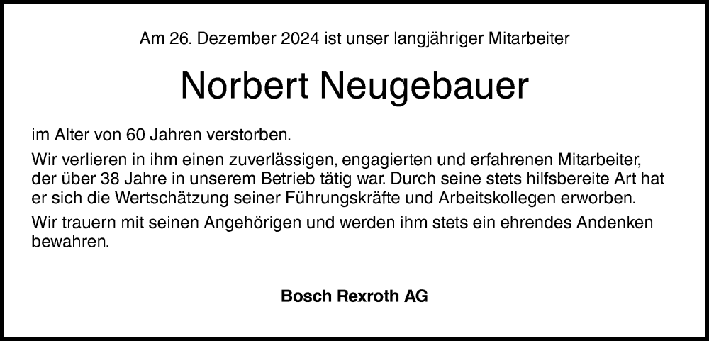  Traueranzeige für Norbert Neugebauer vom 31.12.2024 aus SÜDWEST PRESSE Ausgabe Ulm/Neu-Ulm