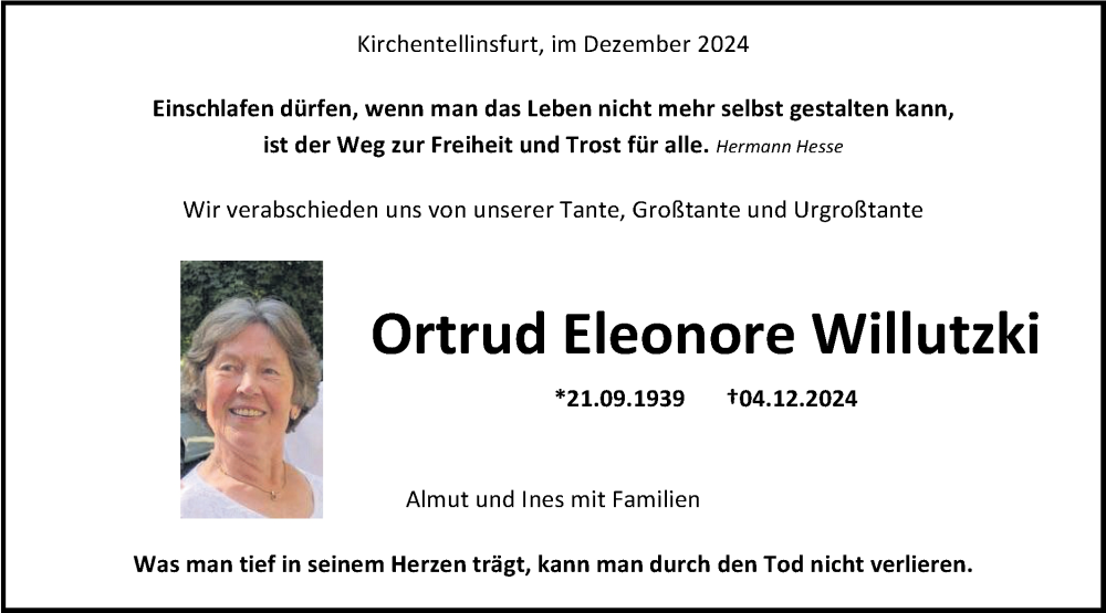  Traueranzeige für Ortrud Eleonore Willutzki vom 14.12.2024 aus Schwäbische Tagblatt