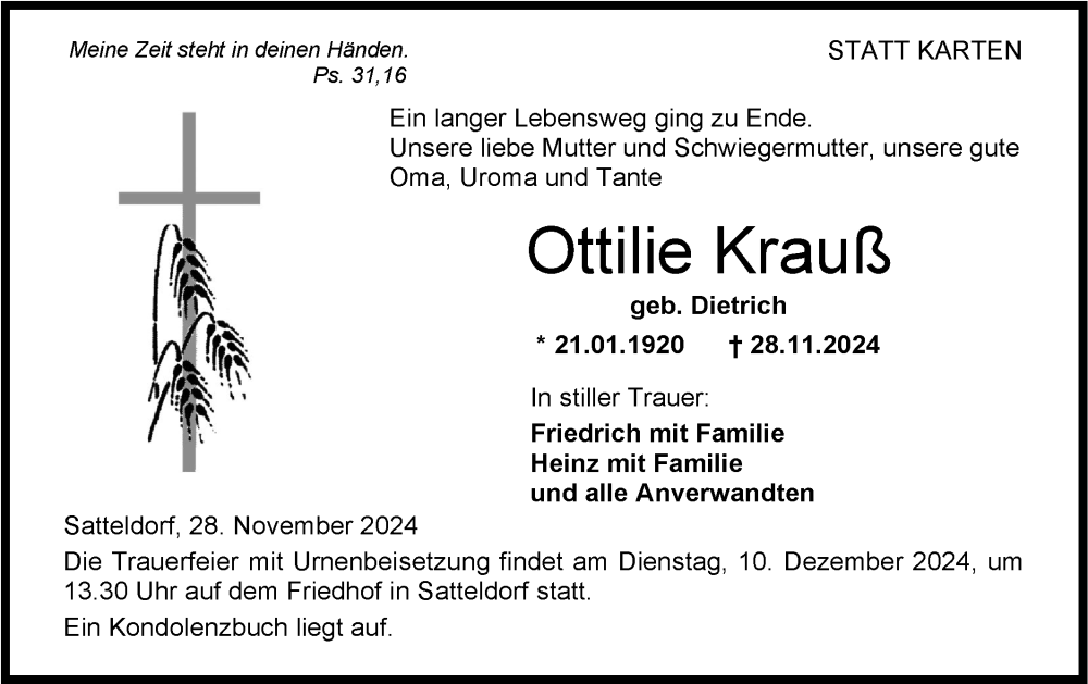  Traueranzeige für Ottilie Krauß vom 07.12.2024 aus Hohenloher Tagblatt