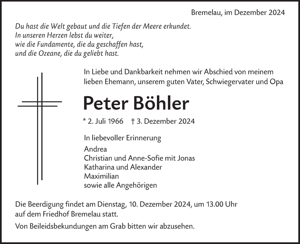  Traueranzeige für Peter Böhler vom 07.12.2024 aus Alb-Bote/Metzinger-Uracher Volksblatt