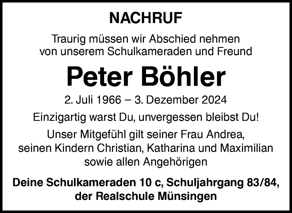  Traueranzeige für Peter Böhler vom 10.12.2024 aus Alb-Bote/Metzinger-Uracher Volksblatt