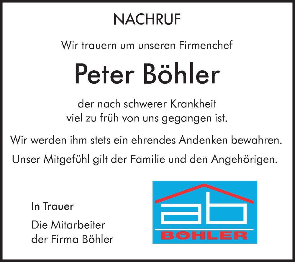  Traueranzeige für Peter Böhler vom 07.12.2024 aus Alb-Bote/Metzinger-Uracher Volksblatt