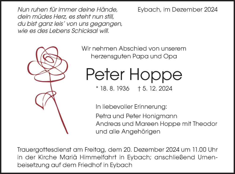  Traueranzeige für Peter Hoppe vom 14.12.2024 aus Geislinger Zeitung