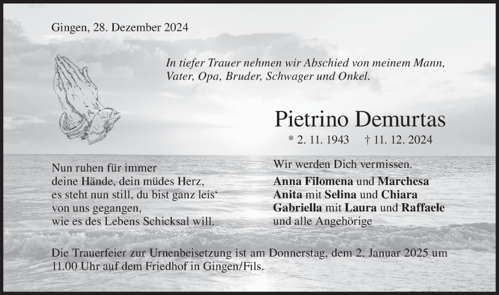  Traueranzeige für Pietrino Demurtas vom 28.12.2024 aus NWZ Neue Württembergische Zeitung/Geislinger Zeitung