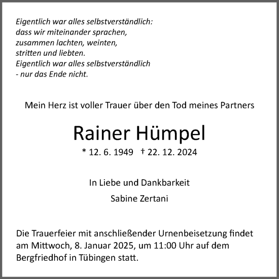 Traueranzeige von Rainer Hümpel von Schwäbische Tagblatt