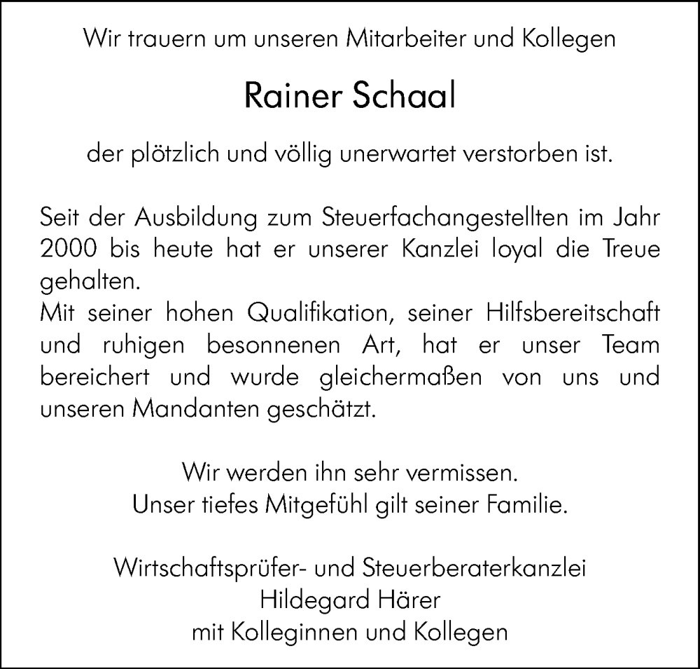  Traueranzeige für Rainer Schaal vom 07.12.2024 aus Hohenloher Tagblatt/Haller Tagblatt