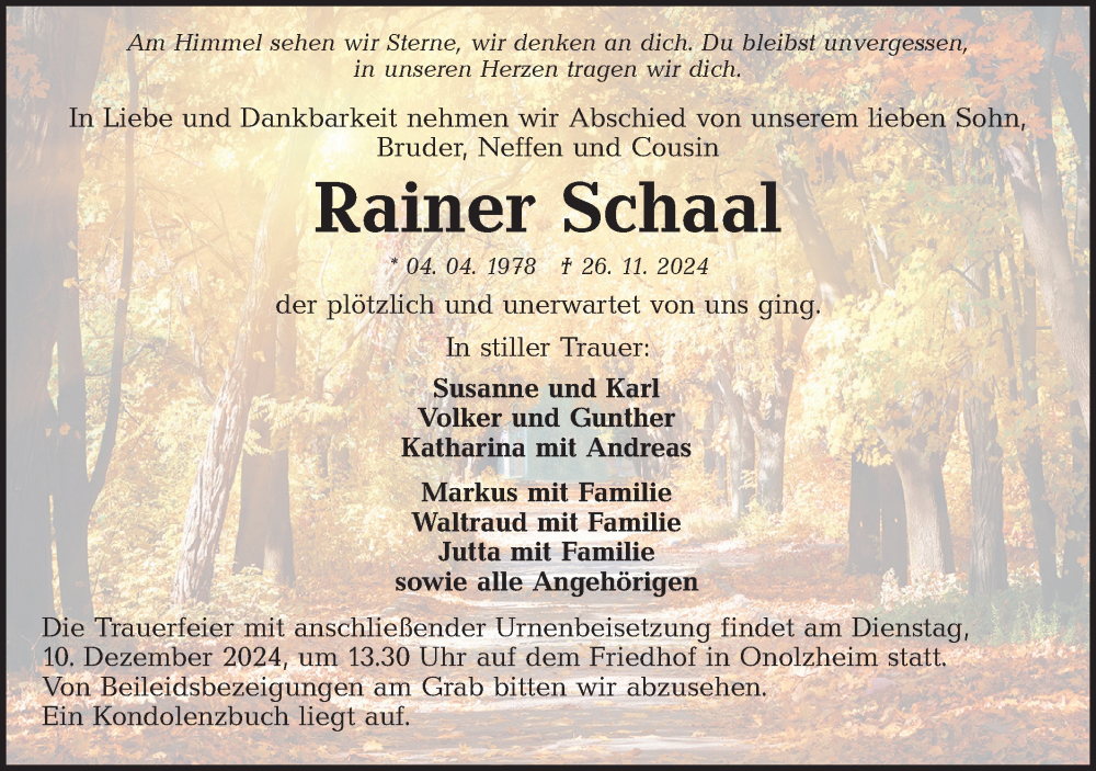  Traueranzeige für Rainer Schaal vom 07.12.2024 aus Hohenloher Tagblatt