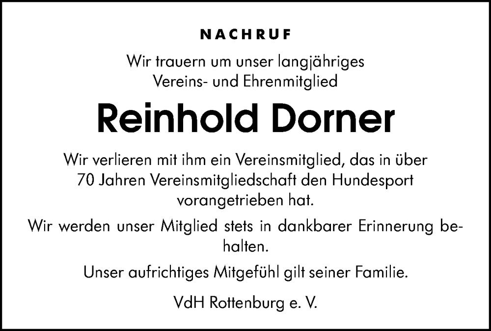  Traueranzeige für Reinhold Dorner vom 20.12.2024 aus Schwäbische Tagblatt/Schwäbische Tagblatt