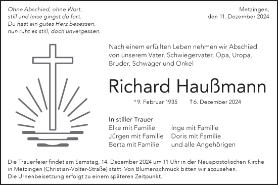 Traueranzeige von Richard Haußmann von Alb-Bote/Metzinger-Uracher Volksblatt