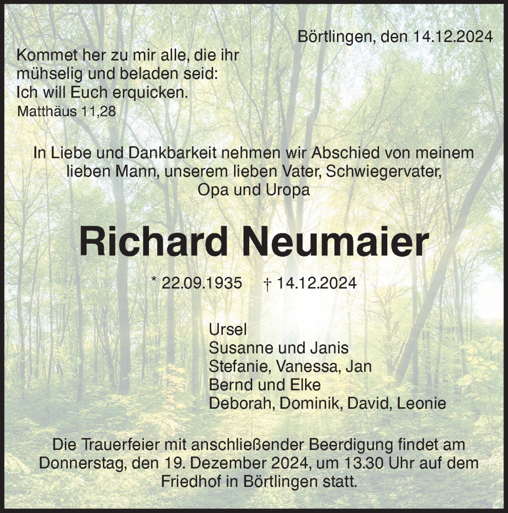  Traueranzeige für Richard Neumaier vom 17.12.2024 aus NWZ Neue Württembergische Zeitung