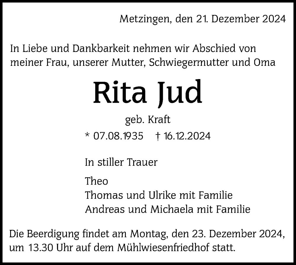  Traueranzeige für Rita Jud vom 21.12.2024 aus Alb-Bote/Metzinger-Uracher Volksblatt