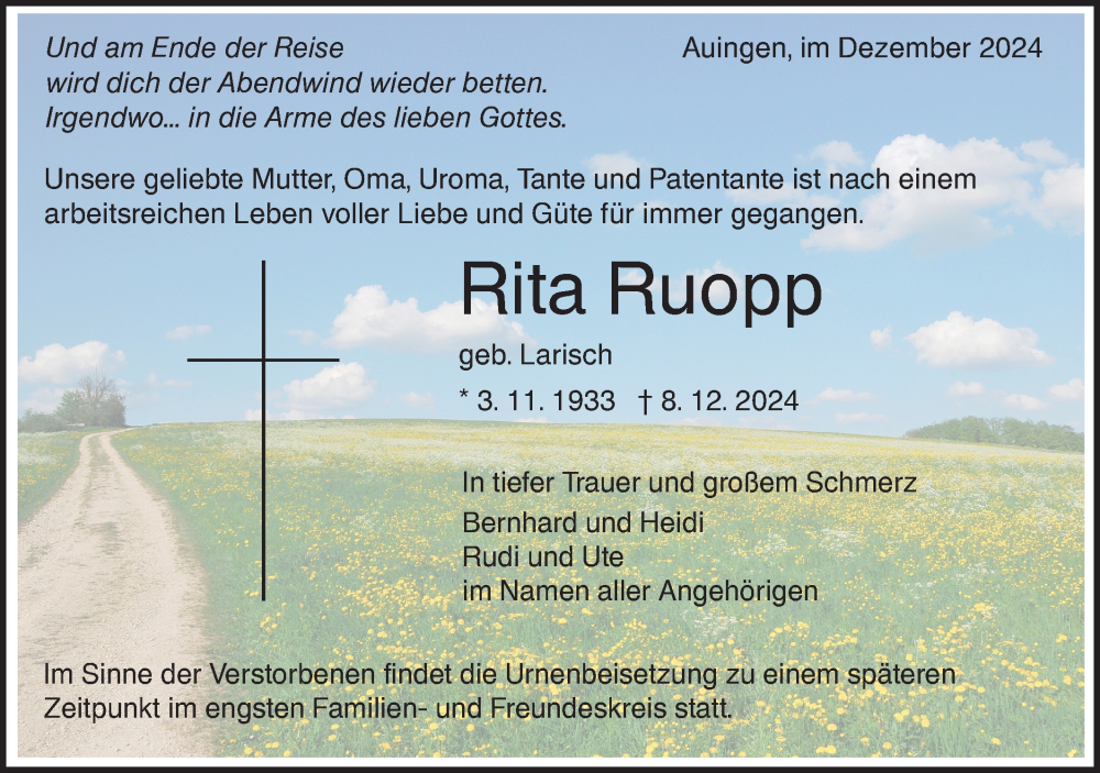  Traueranzeige für Rita Ruopp vom 17.12.2024 aus Alb-Bote/Metzinger-Uracher Volksblatt