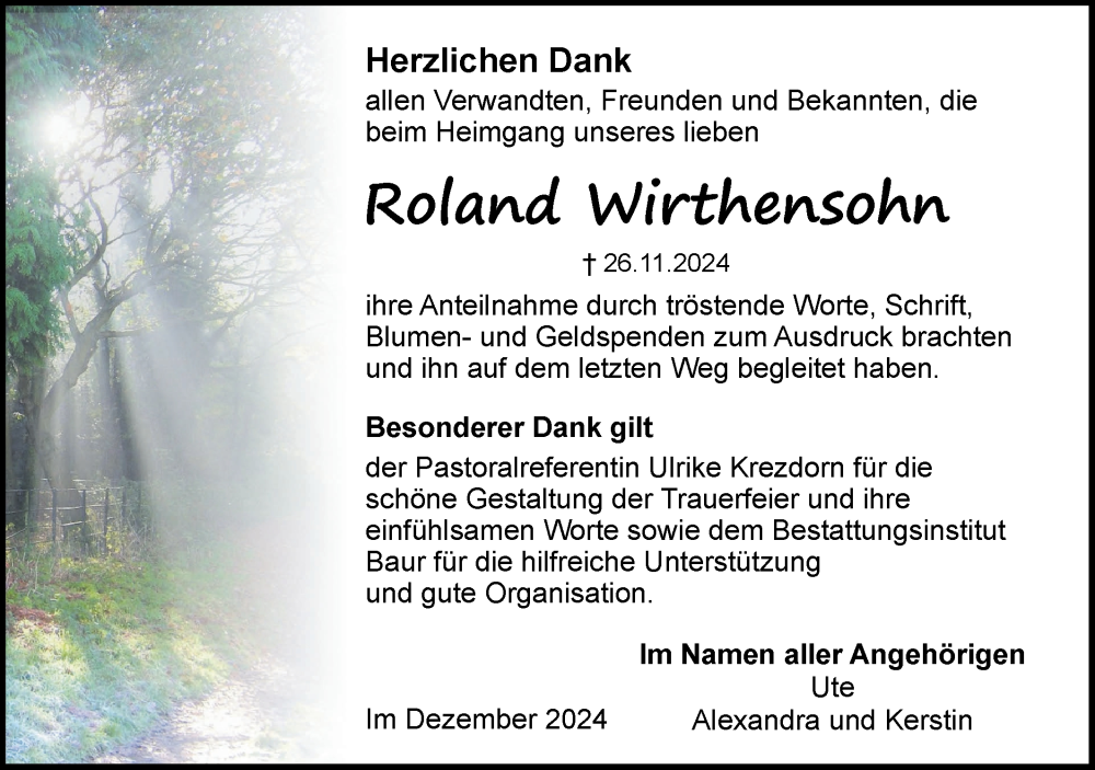  Traueranzeige für Roland Wirthensohn vom 21.12.2024 aus Ehinger Tagblatt