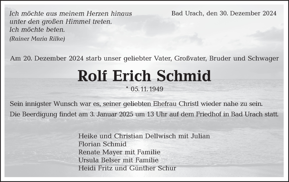  Traueranzeige für Rolf Erich Schmid vom 30.12.2024 aus Alb-Bote/Metzinger-Uracher Volksblatt