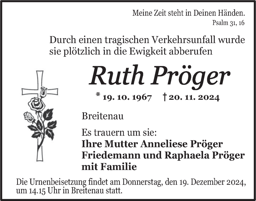  Traueranzeige für Ruth Pröger vom 17.12.2024 aus Hohenloher Tagblatt