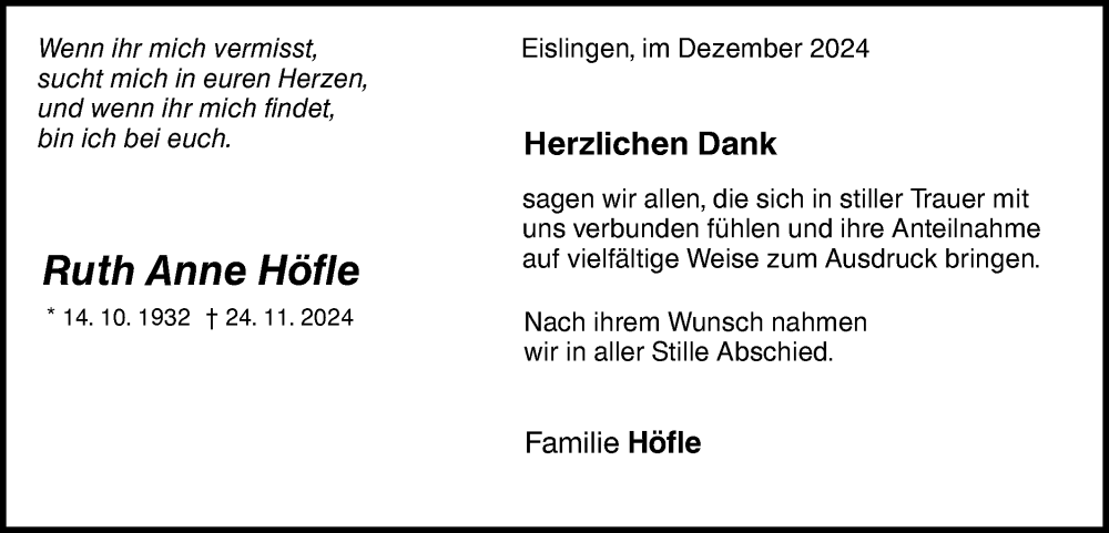  Traueranzeige für Ruth Anne Höfle vom 13.12.2024 aus NWZ Neue Württembergische Zeitung
