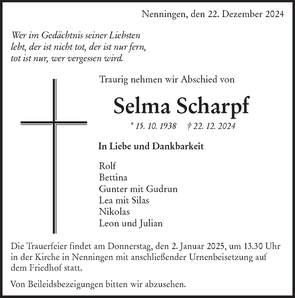  Traueranzeige für Selma Scharpf vom 28.12.2024 aus NWZ Neue Württembergische Zeitung