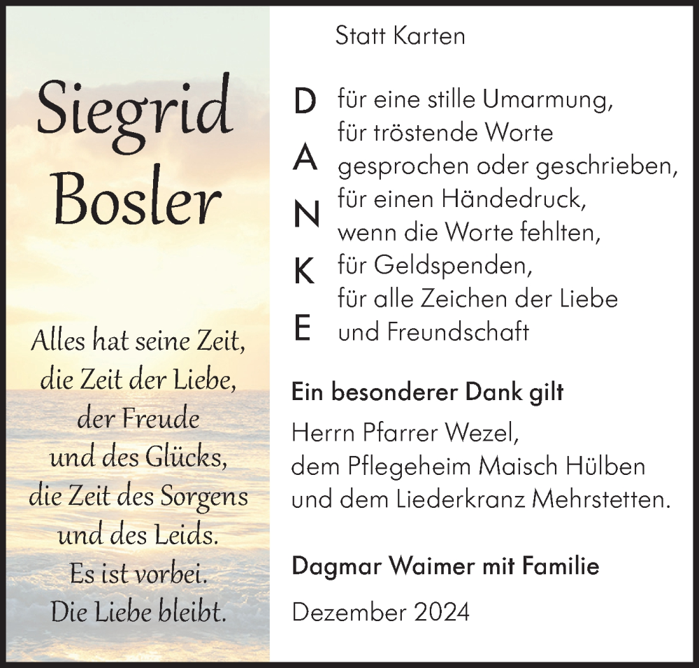  Traueranzeige für Siegrid Bosler vom 13.12.2024 aus Alb-Bote/Metzinger-Uracher Volksblatt