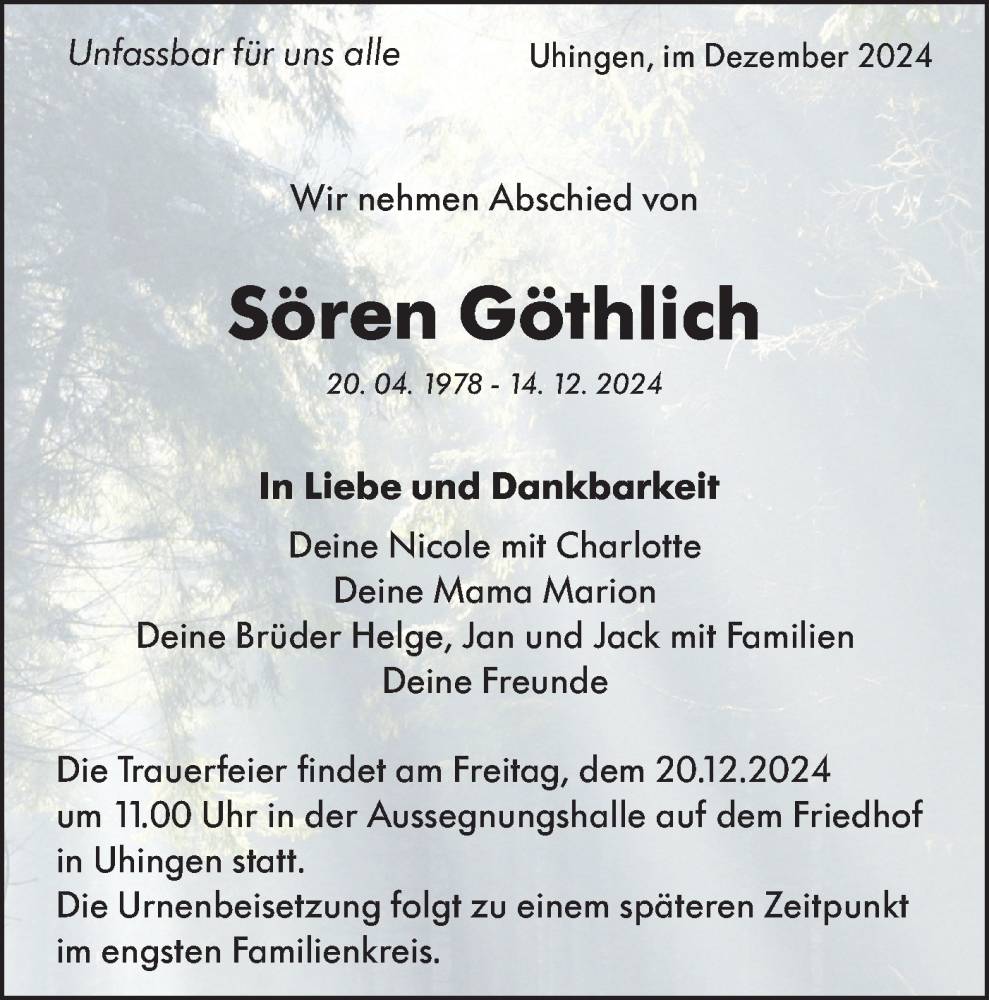  Traueranzeige für Sören Göthlich vom 18.12.2024 aus NWZ Neue Württembergische Zeitung