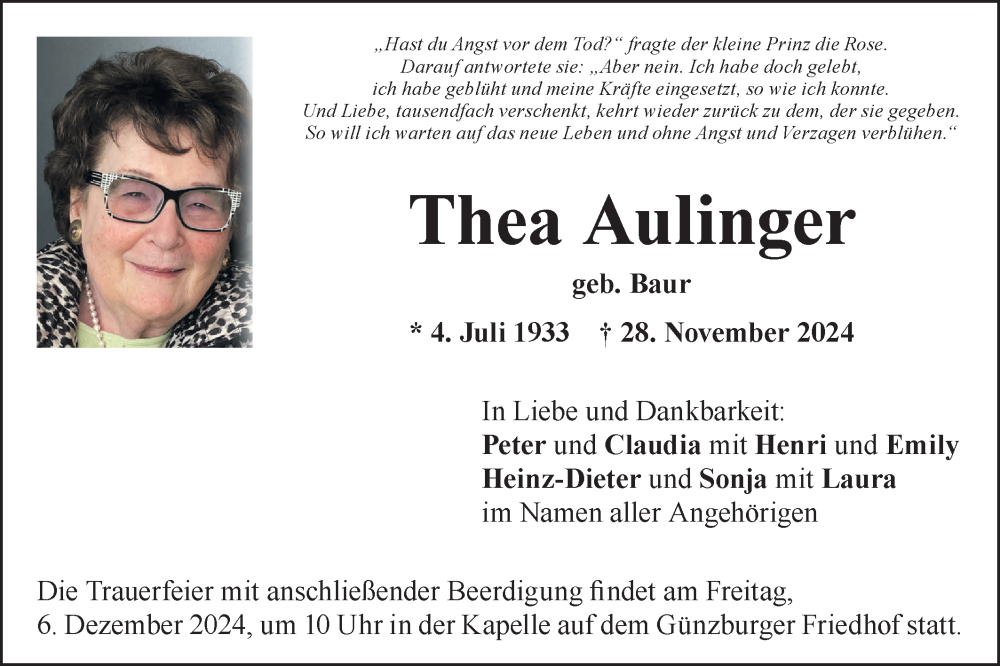  Traueranzeige für Thea Aulinger vom 03.12.2024 aus SÜDWEST PRESSE Ausgabe Ulm/Neu-Ulm