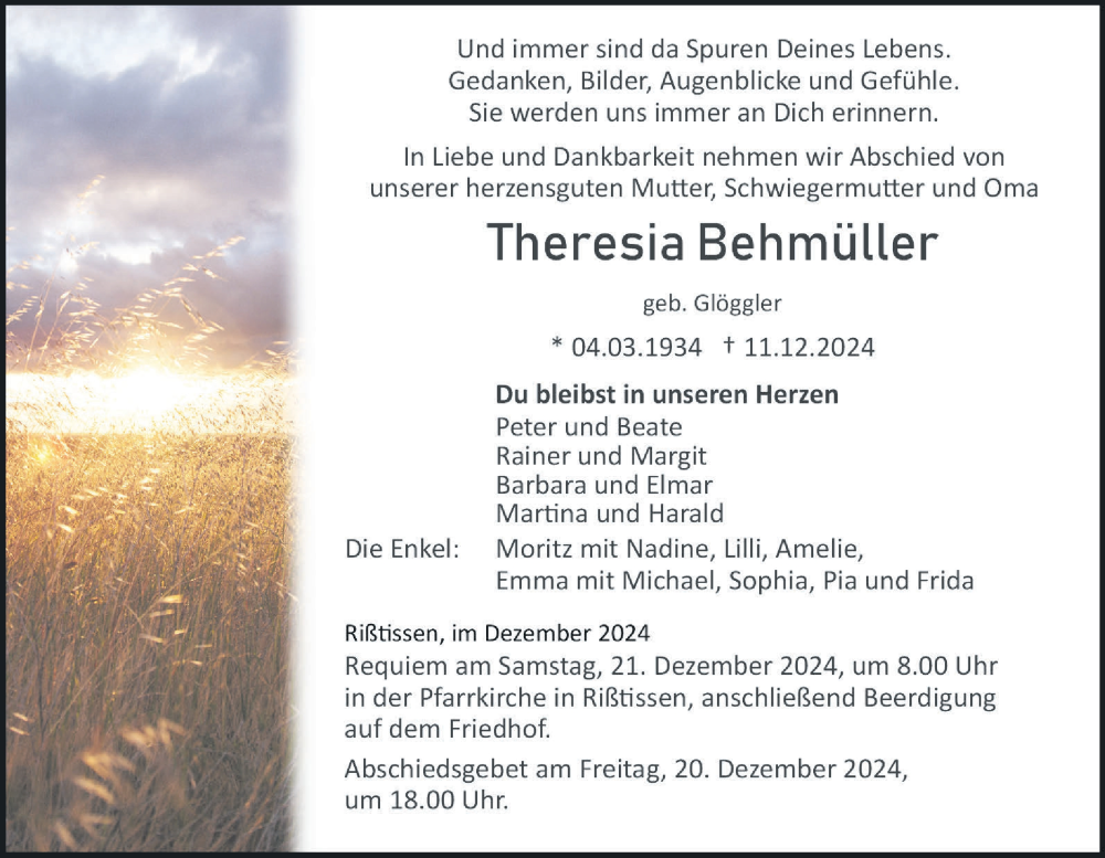  Traueranzeige für Theresia Behmüller vom 14.12.2024 aus Ehinger Tagblatt