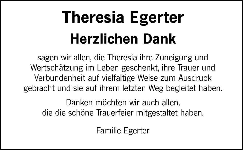  Traueranzeige für Theresia Egerter vom 28.12.2024 aus Schwäbische Tagblatt