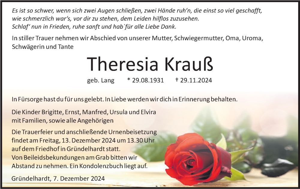  Traueranzeige für Theresia Krauß vom 07.12.2024 aus Hohenloher Tagblatt